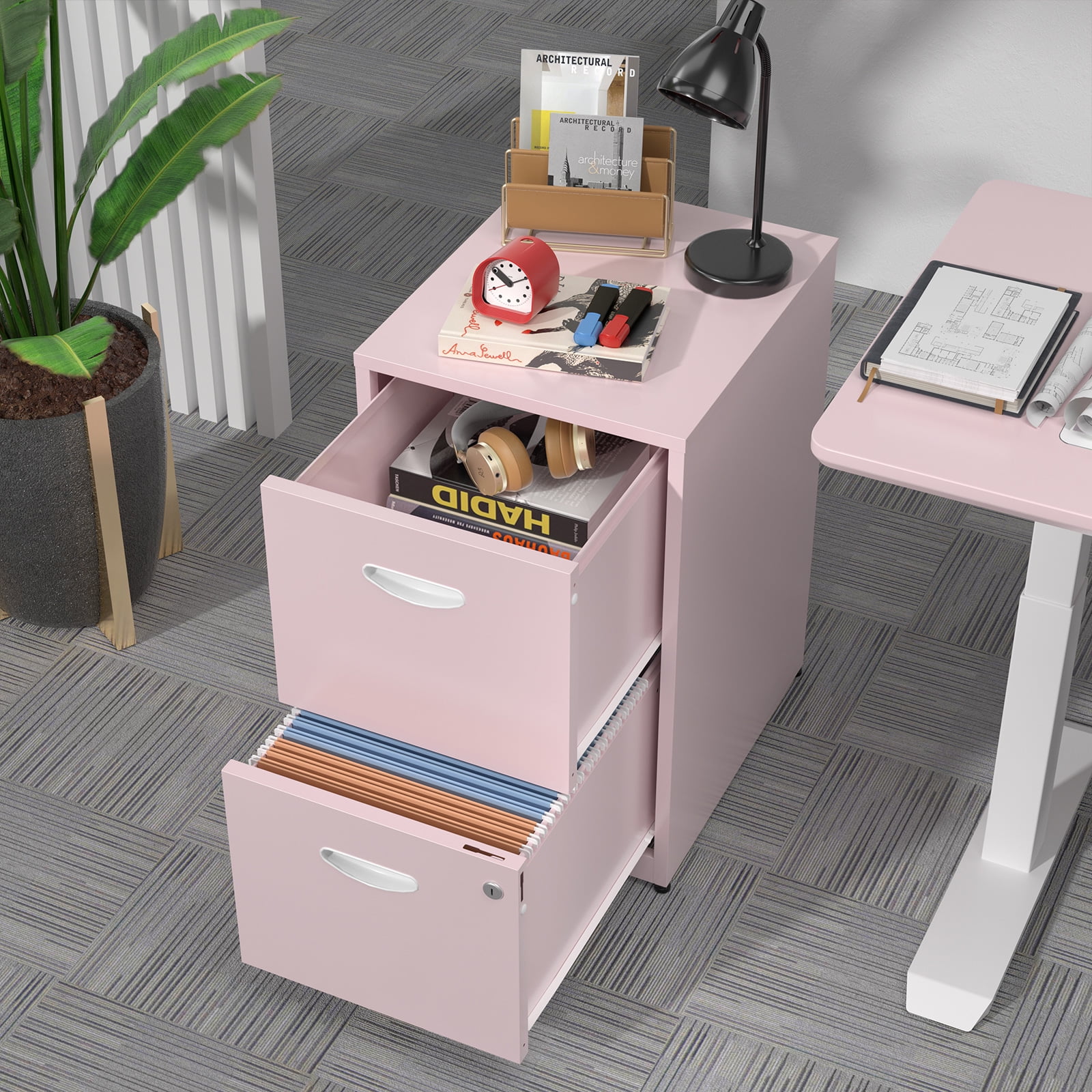 Polup 18"D 2 Drawer Office Vertical File Cabinet in Pink, Metal Filing Cabinets with Lock and Key