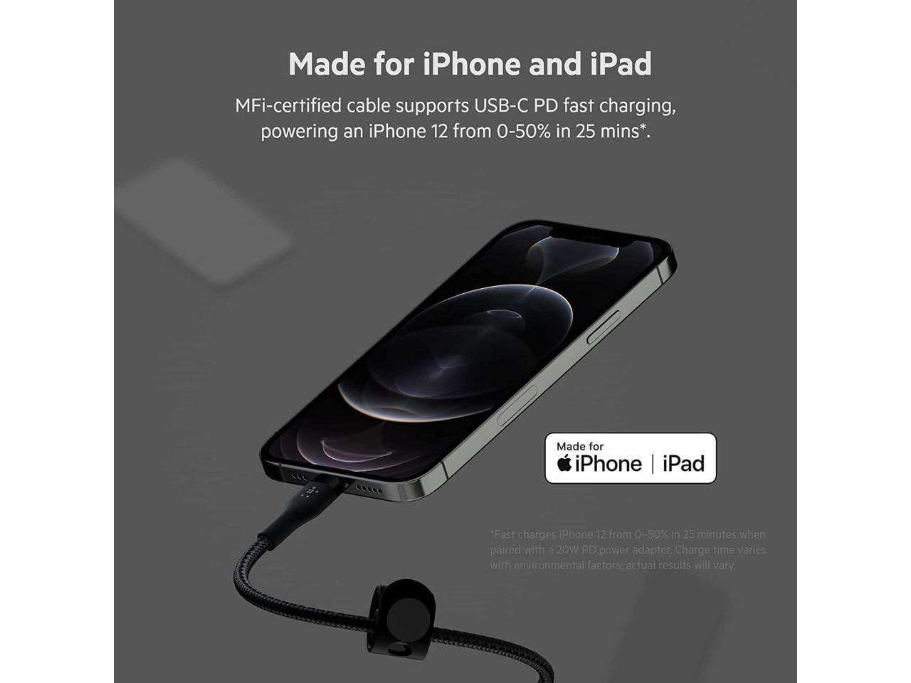 Belkin BoostCharge Pro Flex Braided USB Type C to Lightning Cable (2M/6.6ft), MFi Certified 20W Fast Charging PD Power Delivery for iPhone 14, iPhone 13, 12, 11, Pro, Max, Mini, SE, iPad - Black