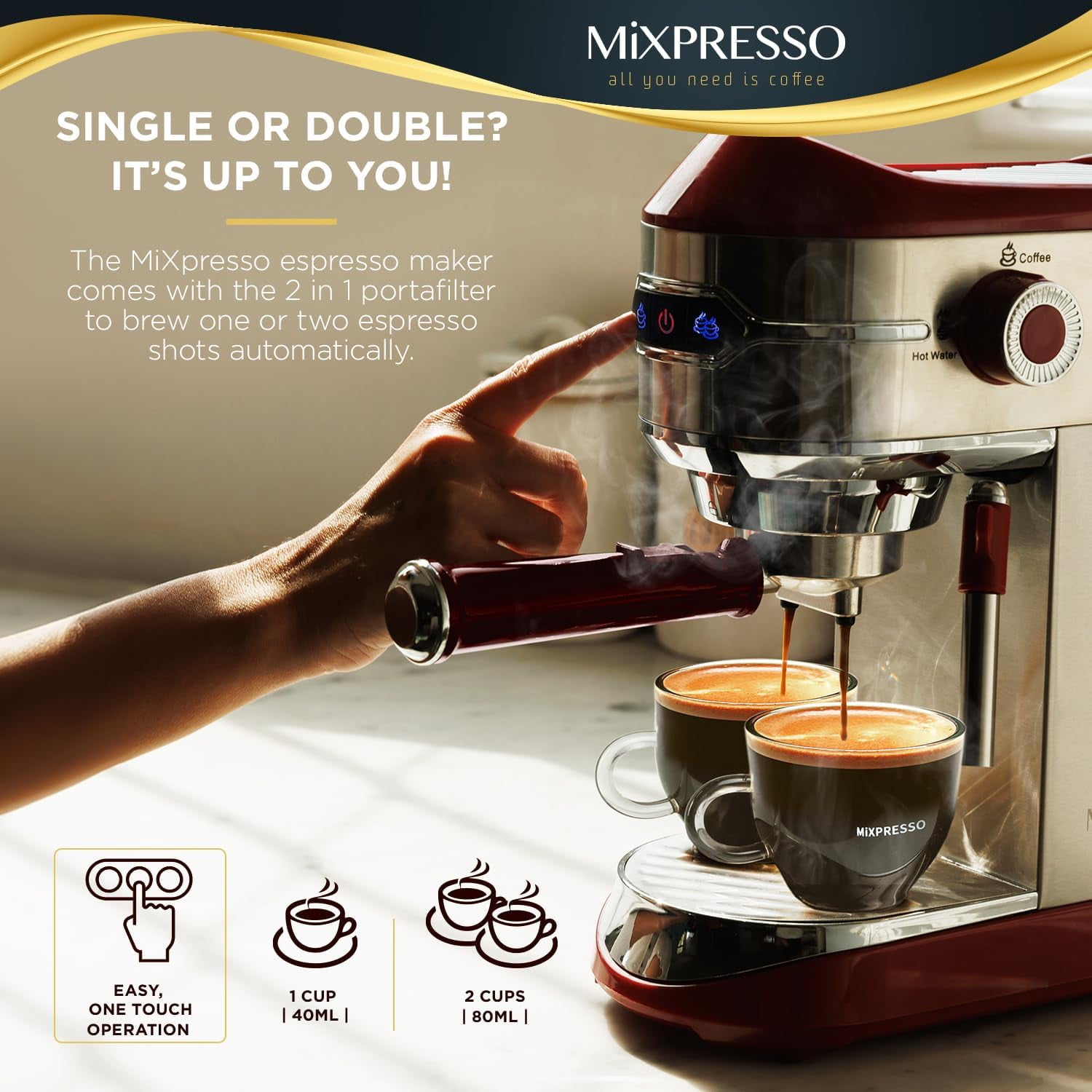 Mixpresso Professional Espresso Machine for Home 15 Bar with Milk Frother Steam Wand, Espresso Maker with Double-Cup Splitter 1450w Fast Heating, Cappuccino and Latte machine 37Oz Water Tank