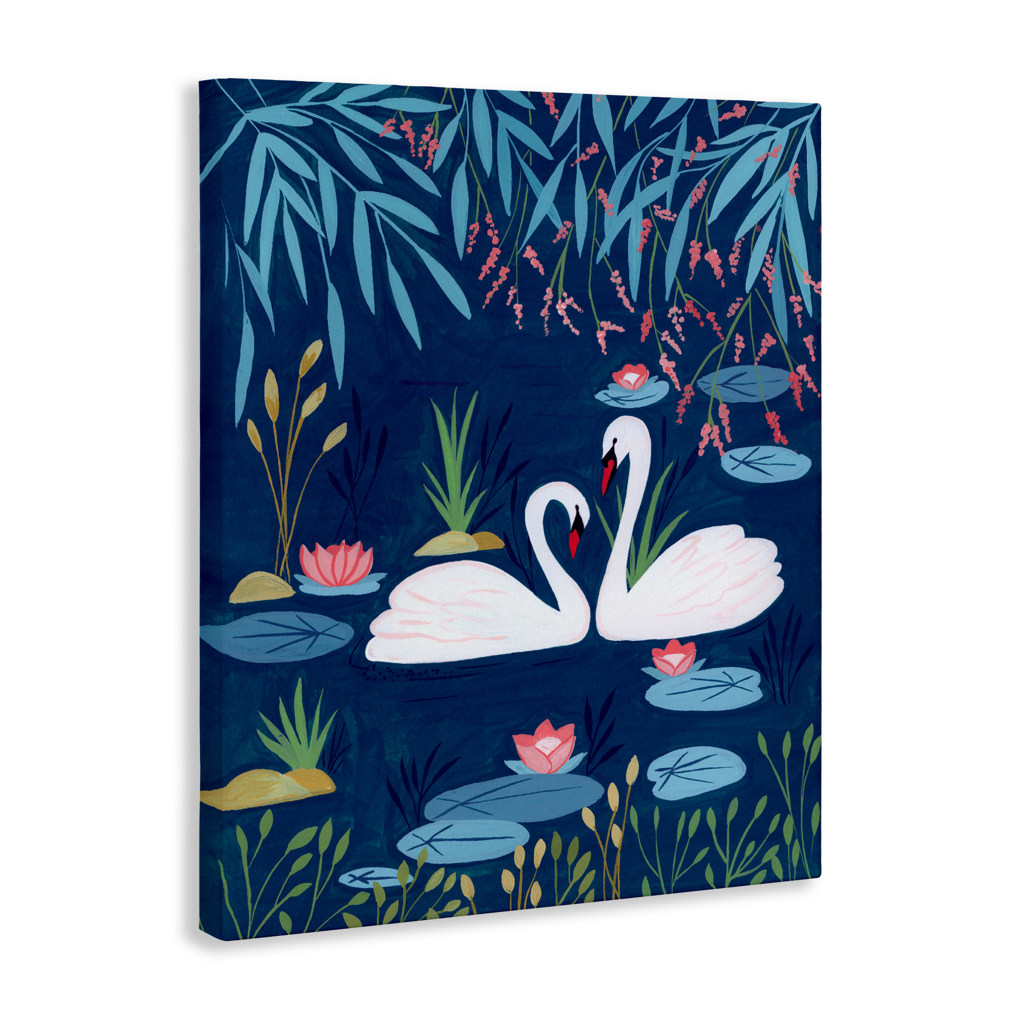 Swan Pair on Blue Pond Canvas Wall Art, design by Nabeela Rumi