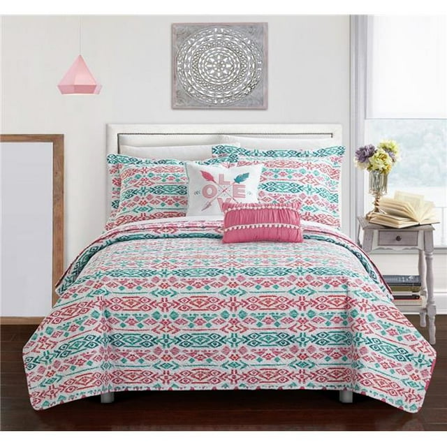 Chic Home QS4435-US Taree 5 Piece Reversible Quilt Cover Set Contemporary Bohemian Inspired Striped Ikat Print Geometric Pattern Bedding Full Aqua Blue