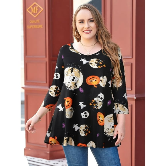 LARACE Tunique d'Halloween Grande Taille pour Femmes Manches 3/4 Col Ras du Cou Hauts Blouse Fluide Coupe Ample Babydoll Chandails de Maternité Flower42 2X