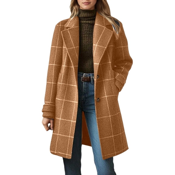 Luwomo Plaid Wool Coats for Women Fall Winter Casual Checkered Long Dress Blazer Jackets Trench Coats Peacoats,Coffee,4XL