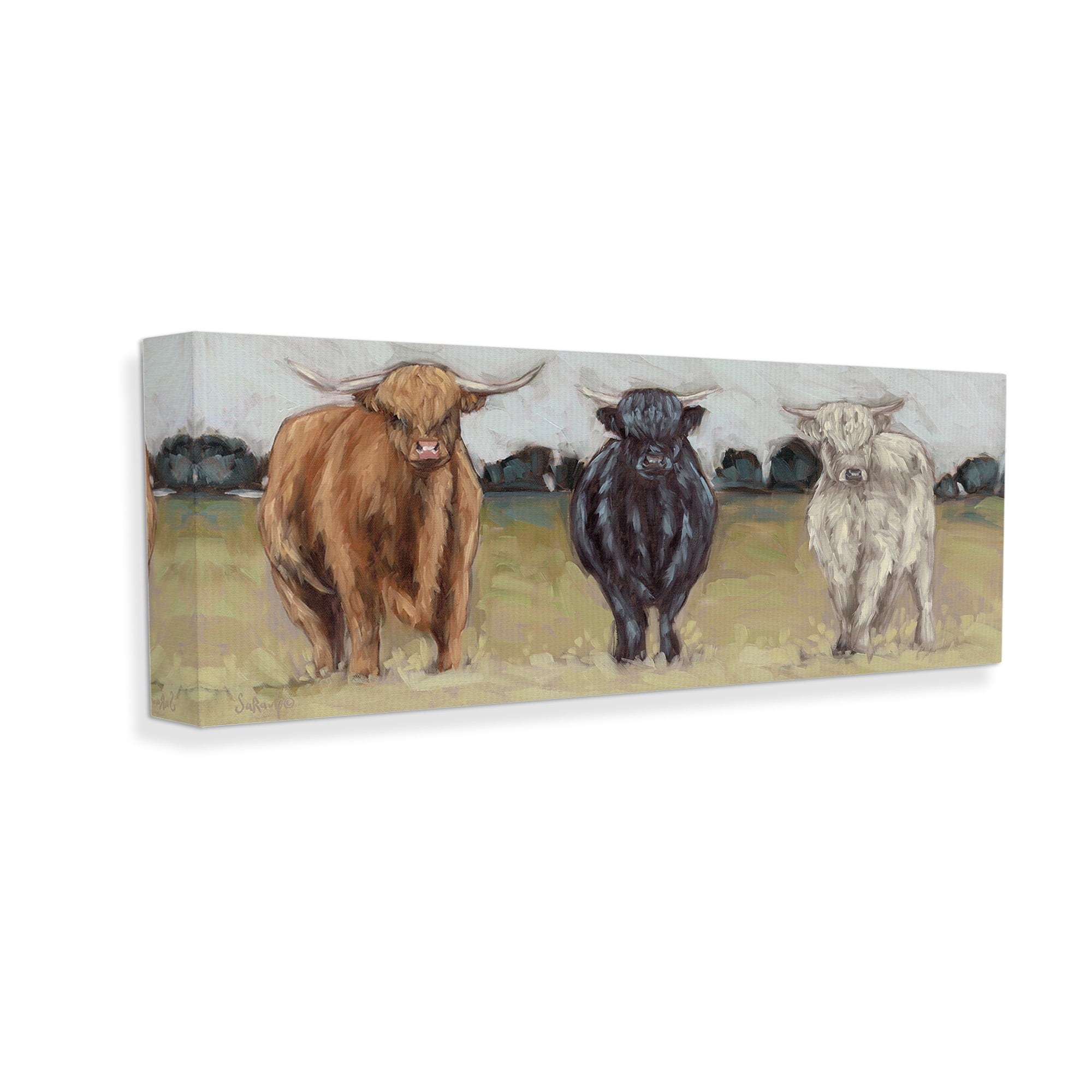 Stupell Industries Cattle Trio in Pasture Animals & Insects Painting Gallery Wrapped Canvas Art Print Wall Art, 24 x 10