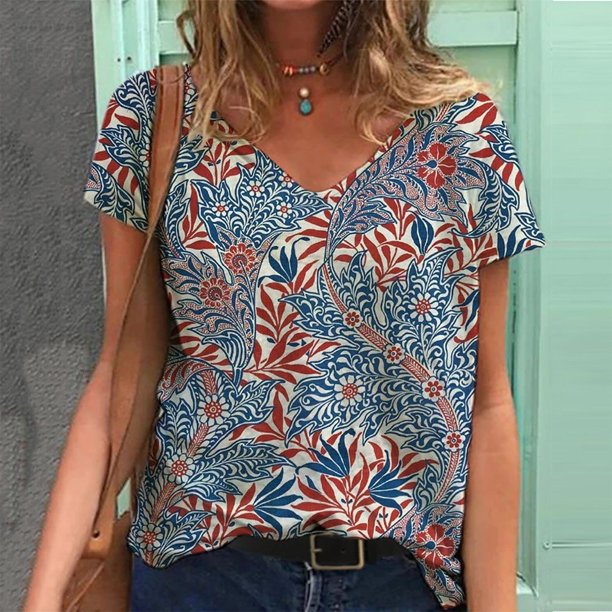 Puntoco Tallas grandes Mujer Manga corta Impreso Cuello en V Tops Camiseta Blusa Puntoco Puntoco-4032