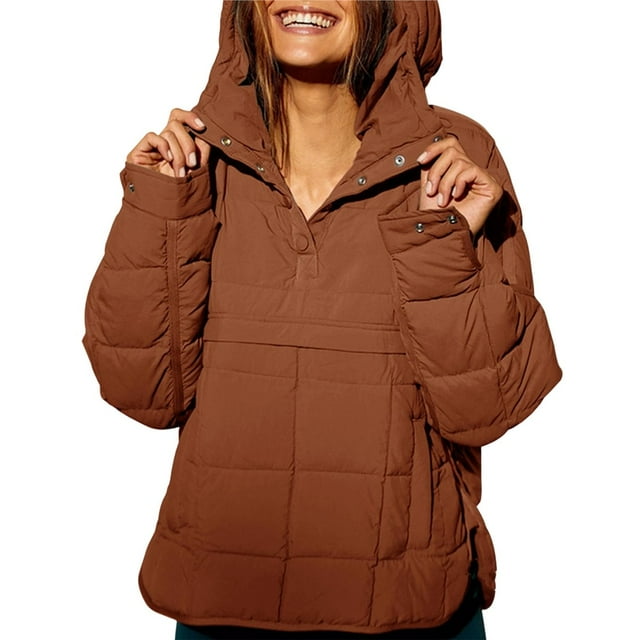 Chaqueta Acolchada Oversize para Mujer, Estilo Dolman, con Capucha, Larga, Cálida y Estilo Top Marrón Oscuro XL