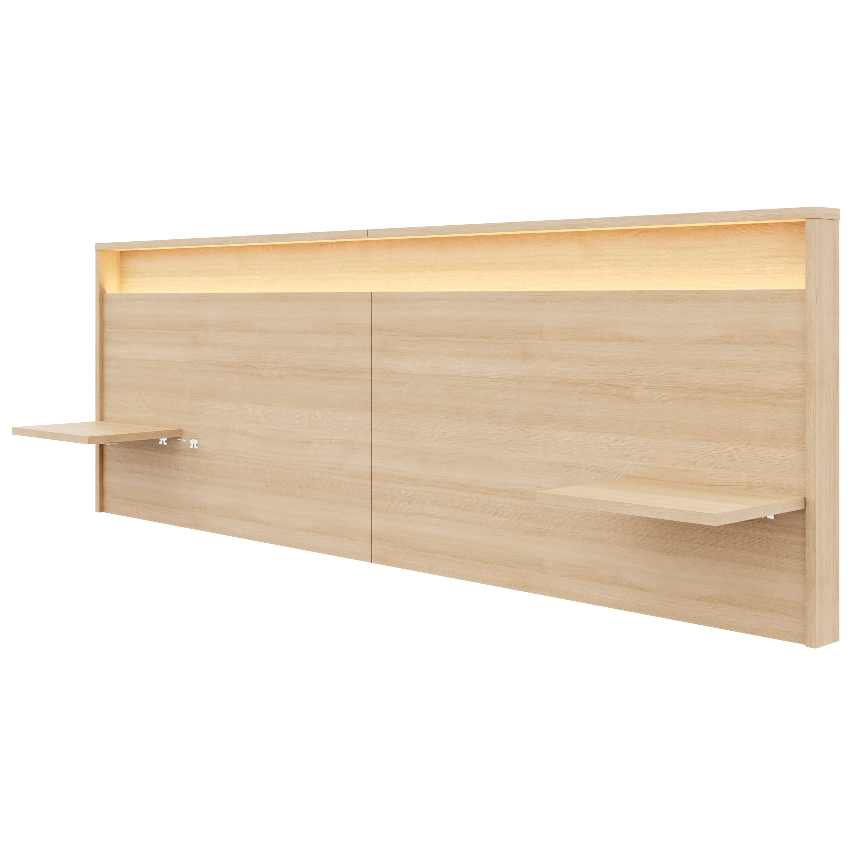 Nexera Lido Queen Size Extended Headboard with Integrated Shelves and Lighting, Natural Blonde Oak