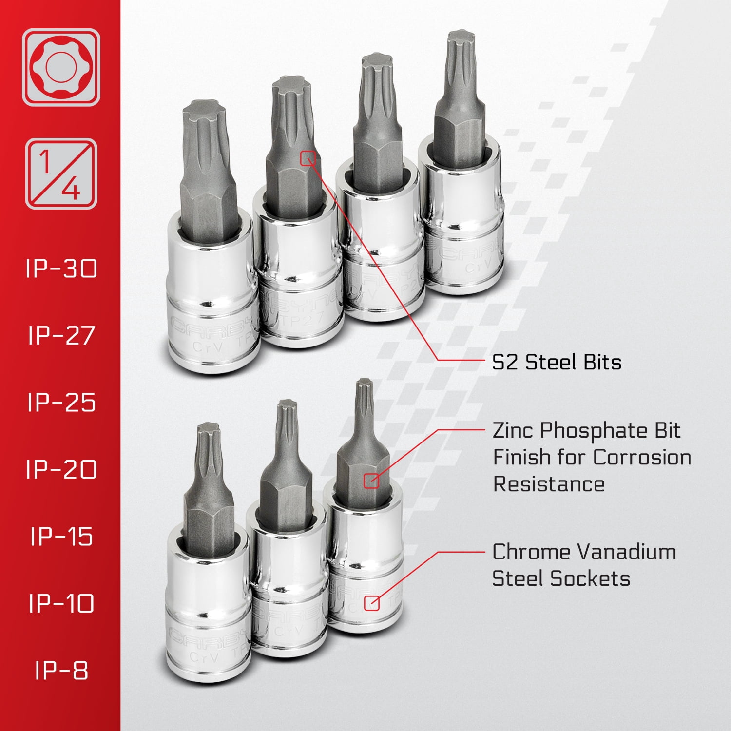 Carbyne 13-Piece Torx Plus Bit Socket Set, 6 Lobe, Tp-8 to Tp-60, S2 Steel Bits, CrV Sockets, 1/4 in. 3/8 in. 1/2 in. Drive, Zinc Phosphate