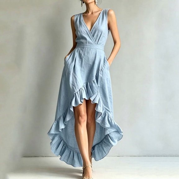QUNYINEY Sleeveless Womens Wedding Guest Dress Formal Long Blue Summer A Line Dress Slim Fit V Neck Party Elegant Ruffle Dresses