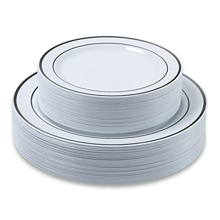60 Pack Premium Heavy Duty Disposable Plastic Plates - (30 Dinner + 30 Salad Combo) - Silver Trim Real China Design by Aya's Cutlery Kingdom, White 