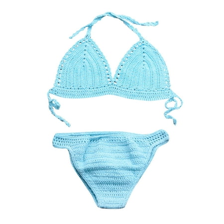 Women s Sexy Crochet Triangle Bikini Set Knitted Bathing Suits Padded Bra Beach Swimsuit Hollow out Backless Summer Strap Halter Neck Two-Piece Swimwear Blue S