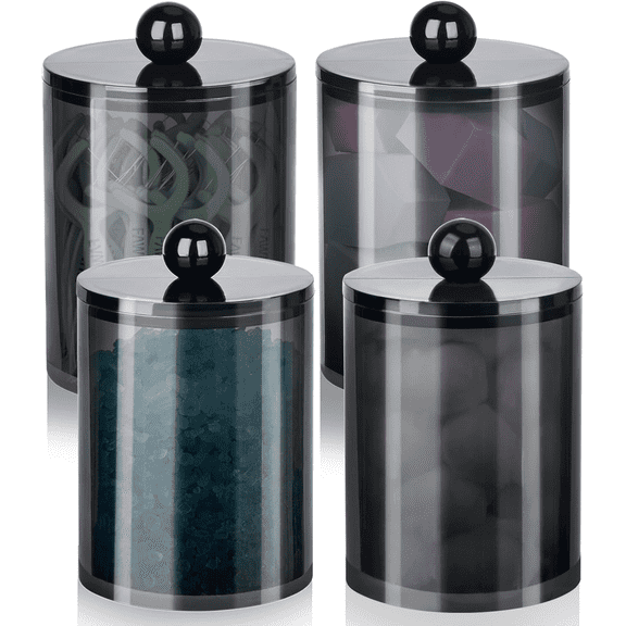 TAETOE 4 Pack Qtip Holder,Canister Apothecary Jar Set, Bathroom Jars with Lids Set for Cotton Swabs, Balls, Pads, Floss Picks,10oz-12oz Plastic Canisters Restroom Bedroom Vanity Organizer(Black)