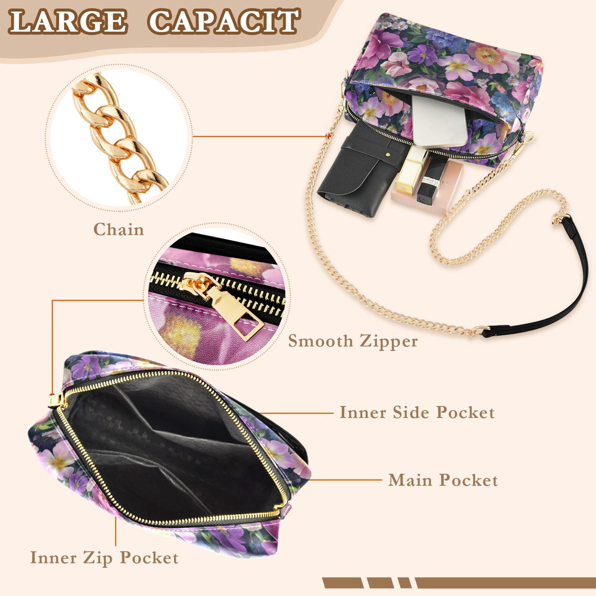 FORMRS Women Crossbody Purse with Chain Strap Vegan Leather Shoulder Handbag, Soft Pinks Flowers