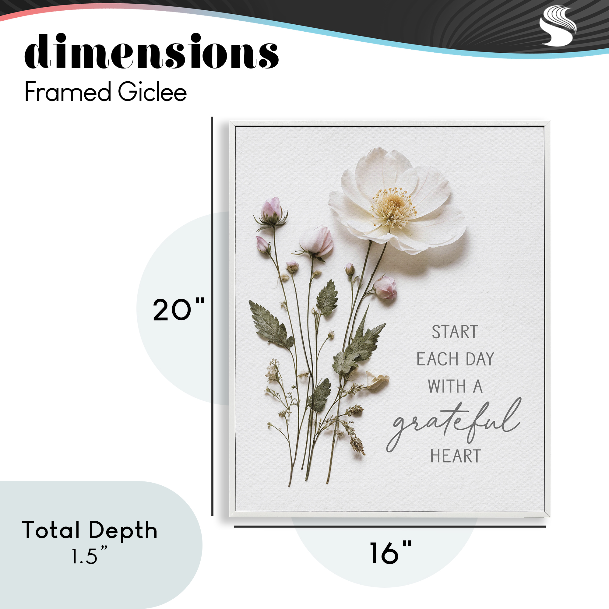 Grateful Heart Pressed Flowers White Framed Giclee Art, design by Lettered and Lined
