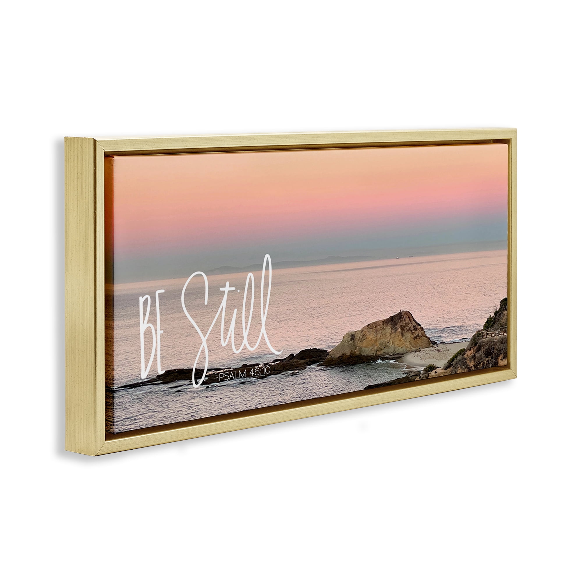 Stupell Industries Be Still Peaceful Beach Landscape Painting Gold Floater Framed Canvas Art Print Wall Art, 25 x 11