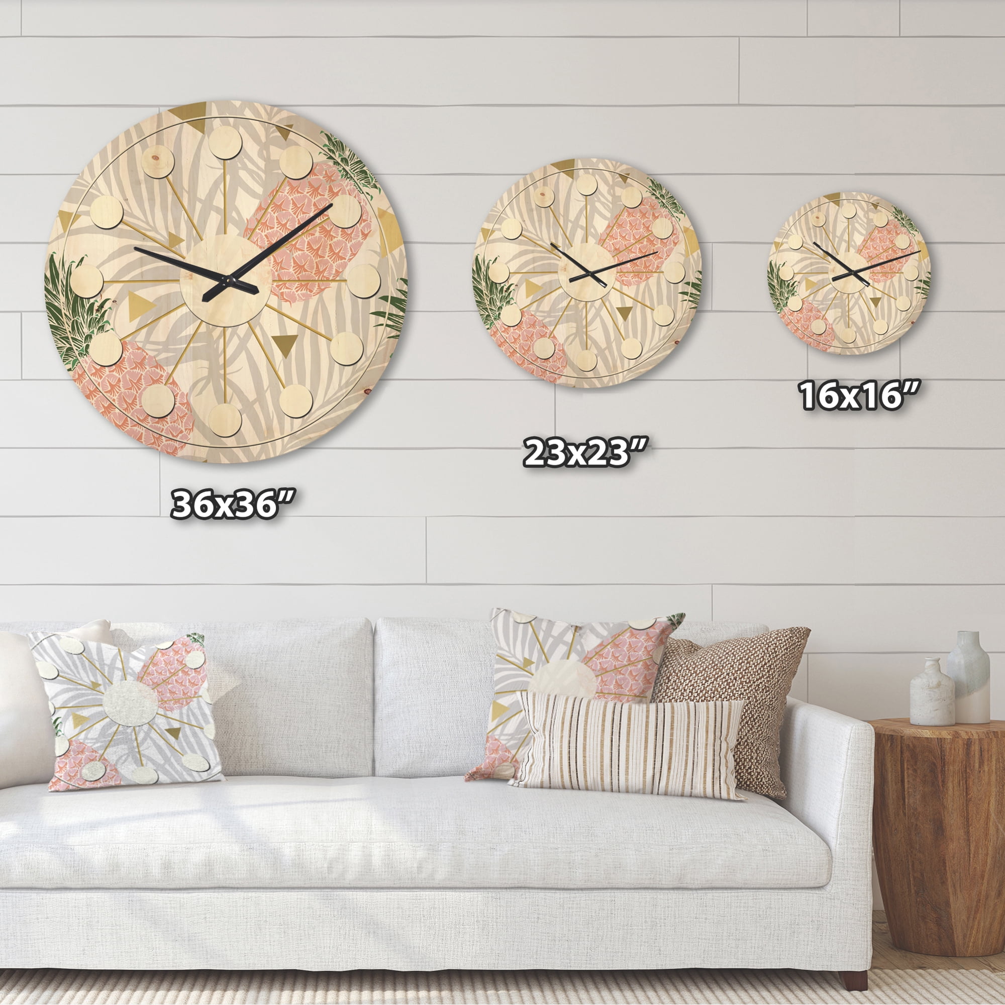 Designart 'Pineappple On Tropical Leaves Retro Pattern' Mid-Century Modern Wood Wall Clock