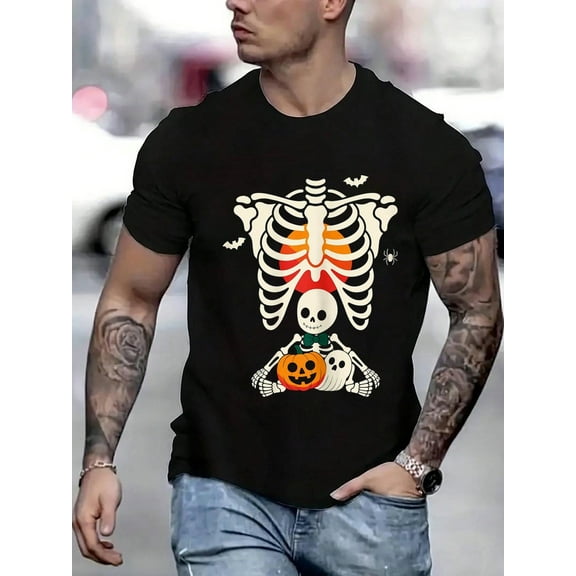 100 Cotton Graphic Tees Funny Pregnant Pumpkin Costume Rib Cage Halloween T-Shirt Crew Neck Short Sleeve T-Shirt, Casual Print Graphic Cotton Tees Men Tops