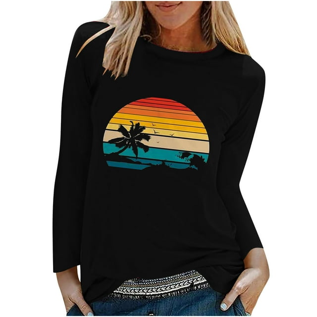 CEHVOM Fashion Women's Spring Printed Long Sleeves Round Neck Casual Tee Tops Clearance