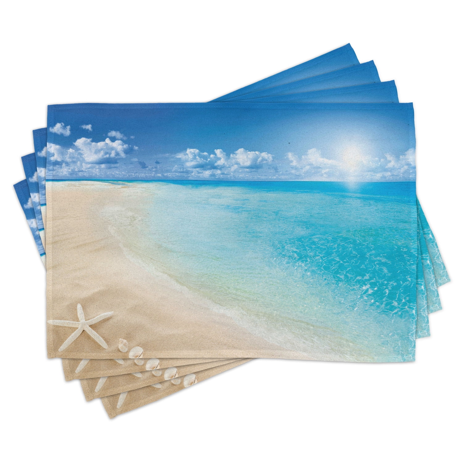 Beach Placemats Set of 4 Sunny Summer Seashore with Clear Sky Seashells Starfish Clouds Aquatic