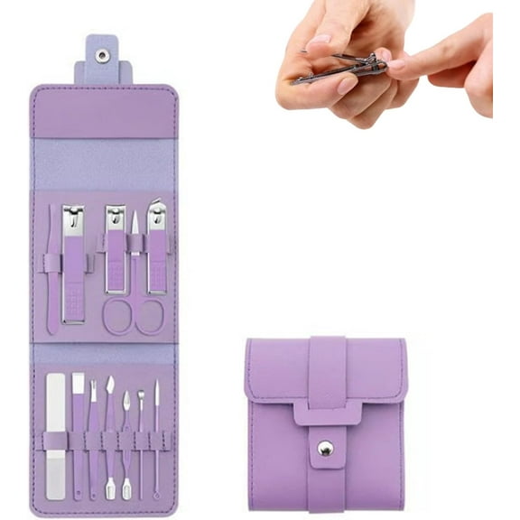 Portable Nail Clipper Set, 12/16PCS Professional Manicure & Pedicure Kit, Heavy-Duty Stainless Steel Nail Care Set with Nail Clippers, Scissors, Ear Pick & Portable Storage Case(Purple-12Pcs)