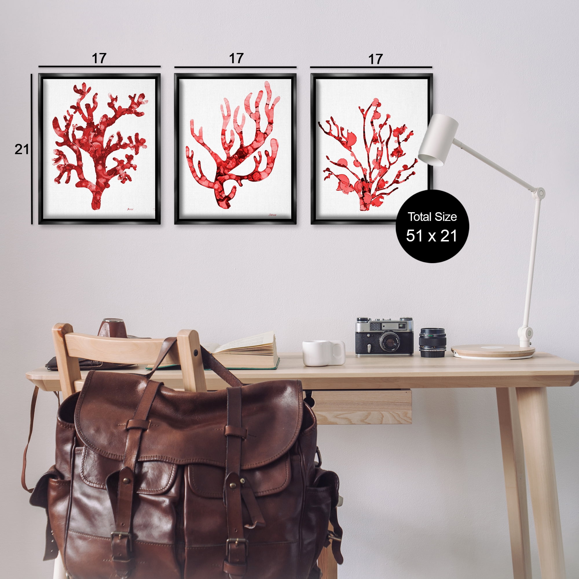 Stupell Industries Bold Red Coral Nautical & Beach Painting Black Floater Framed Canvas Art Print Wall Art, 17 x 21, Set of 3