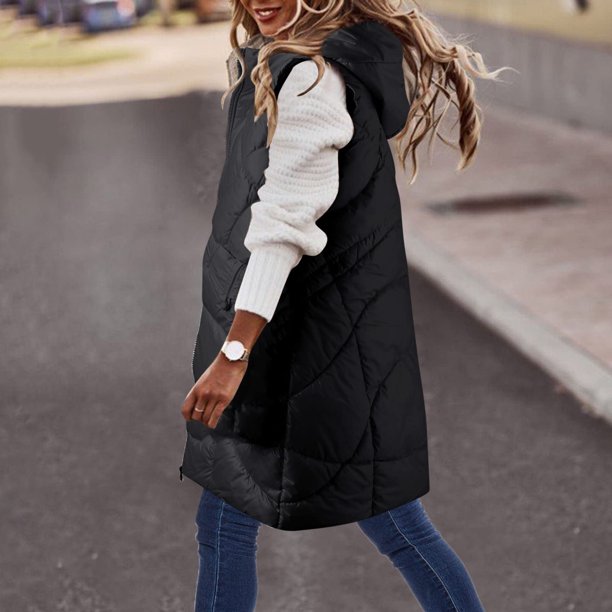 Abrigo largo con capucha y bolsillo cálido para mujer, chaqueta de invierno sin mangas, parka de plumón, abrigo para mujer