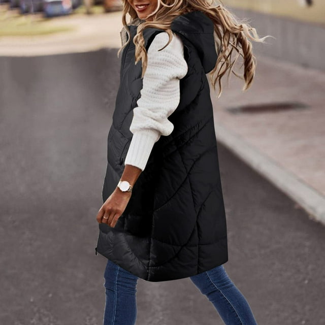 Abrigo largo con capucha y bolsillo cálido para mujer, chaqueta de invierno sin mangas, parka de plumón, abrigo para mujer
