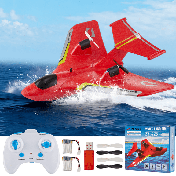 Gleamkid RC Plane for Water Land & Air, Remote Control Airplane with Lights, Amphibious Tri-Phibian Aircraft, RC Glider Aircraft Outdoor Flying Toys Gift for Kids Adults, 2 Batteries
