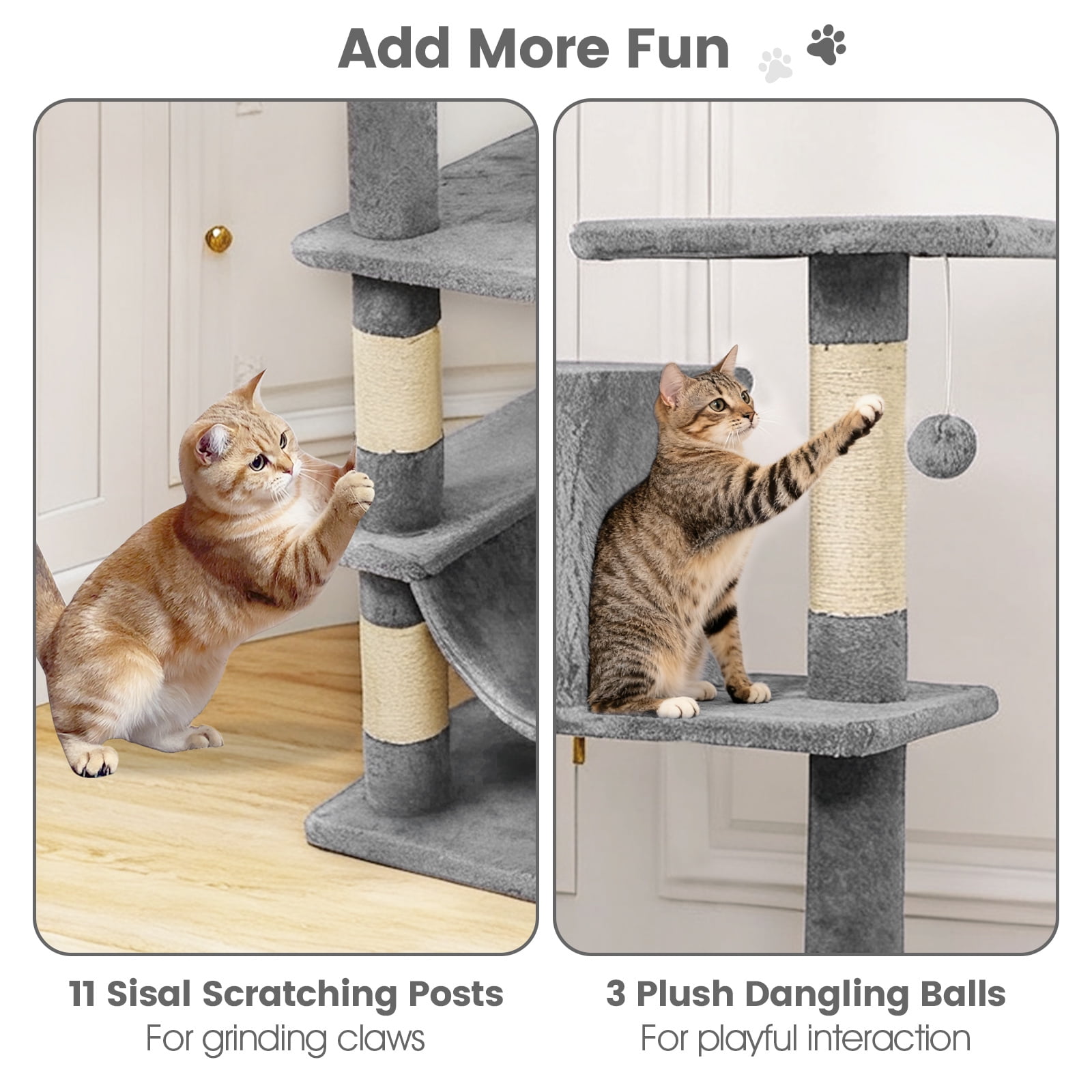 Gymax 66'' Tall Cat Tree w/2 Condos Sisal Scratching Posts Plush Perch Hammock Basket Light Gray