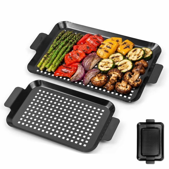 2 Pack Stainless Steel Grill Pan with Holes and Handles Non Stick Grill Topper for Outdoor Grill BBQ Grill Tray for Vegetable Fish Meat Seafood
