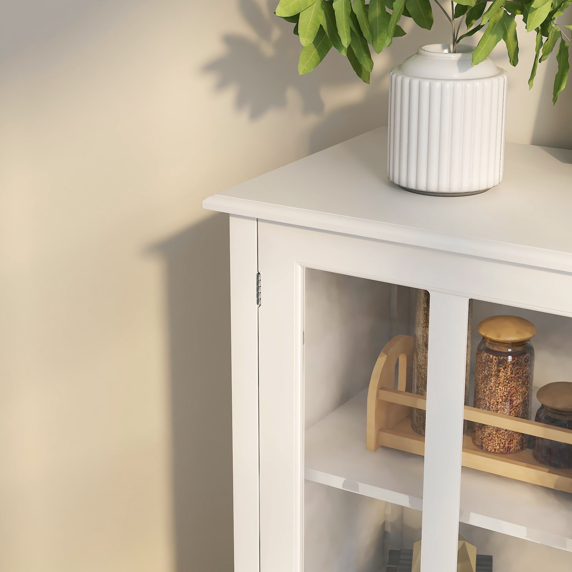 Buffet Storage Cabinet With Double Glass Doors And Bell Handle