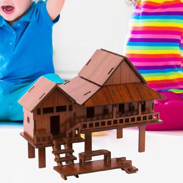 Casa de rompecabezas de madera 3D para niños, juguete de construcción, cabina de construcción, Kits DIY, artesanía, rompecabezas único, decoración, Estilo Thai Hugo construcción de rompecabezas