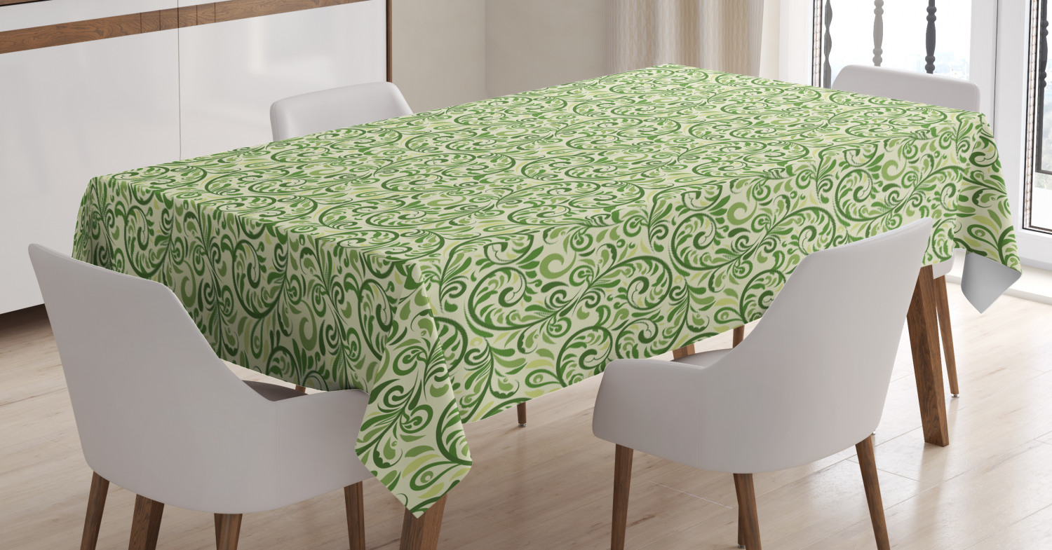Green Tablecloth, Swirled Curly Abstract Leaves with Damask Influences