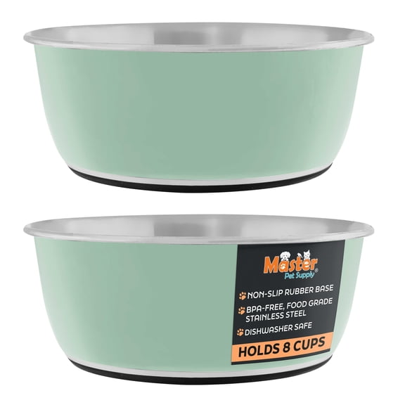 Master Pet Supply Stainless Steel Dog Bowls Set of 2 (64 Oz Each) with Non-Slip Rubber Base - Pistachio - Basic Dog Food Bowl Water & Food Bowls for Small Medium Large Dogs & Cats, Metal Dish