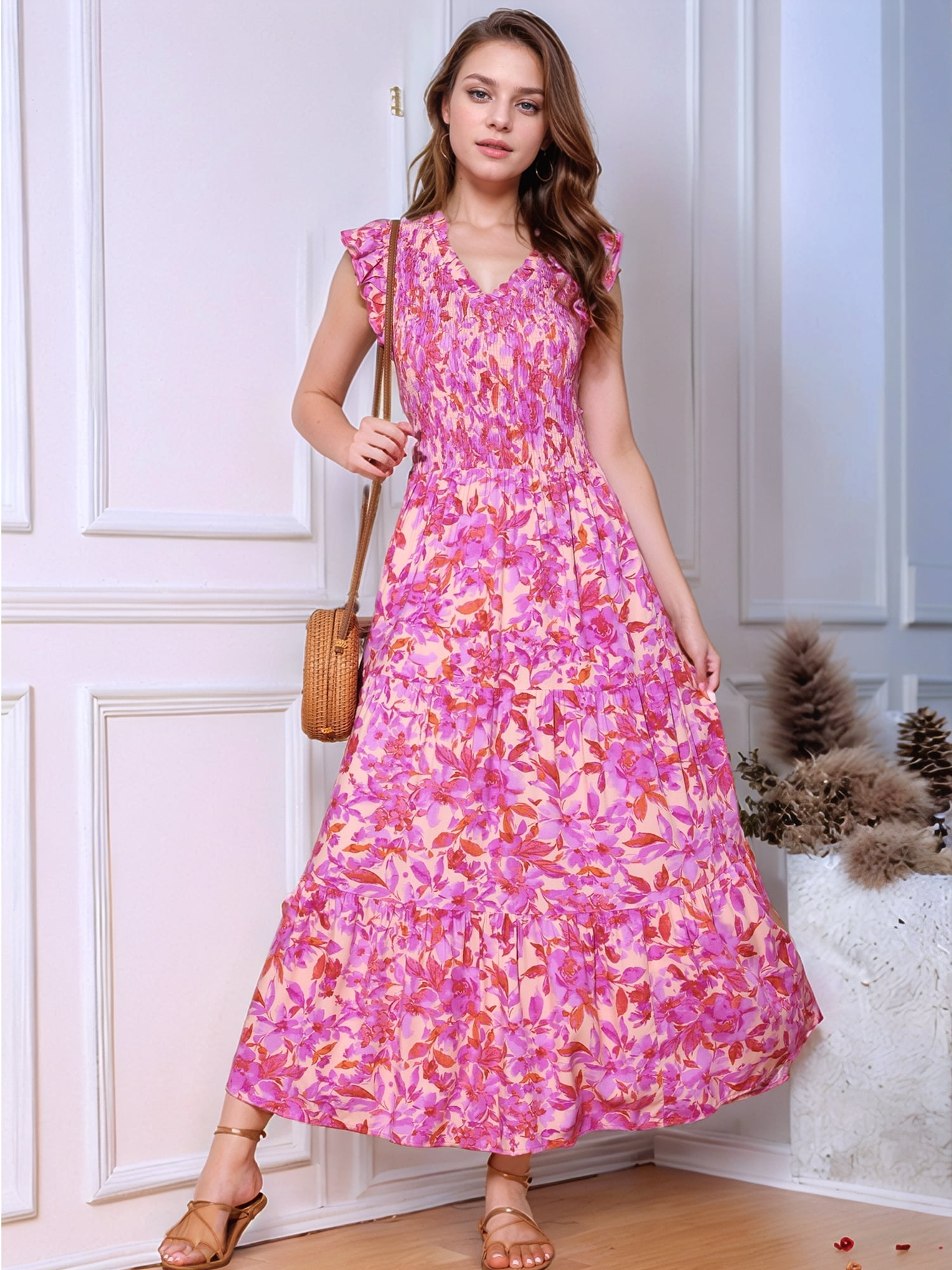 DARING DIVA V Neck Smocked Ruffle Tiered Maxi Dress L Hot Pink