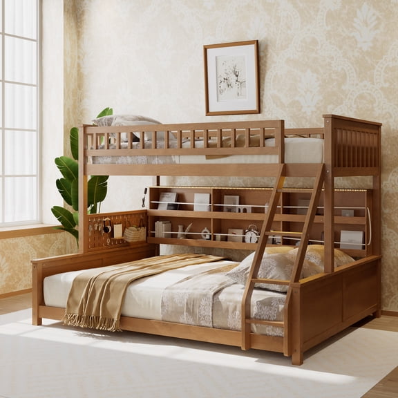 Harper & Bright Designs Twin XL over Queen Size Bunk Bed with Storage Shelves and Pegboard, Space-Saving 2 Beds in 1 Detachable Bed Frame with LED Strip, Brown
