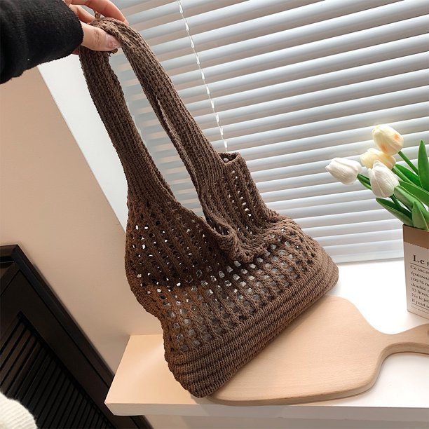 Bolso de playa de ganchillo para mujer, bolso de viaje informal, bolso grande de compras (café) Sywqhk Para Estrenar