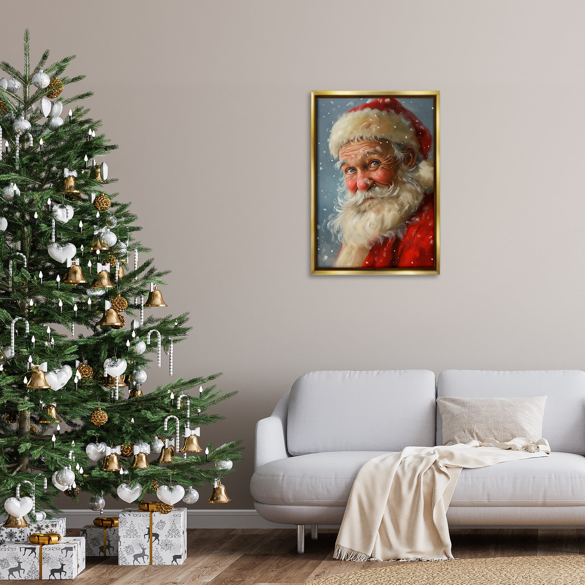 Stupell Industries Rosy Santa Portrait Holiday Painting Gold Floater Framed Art Print Wall Art, 21 x 31