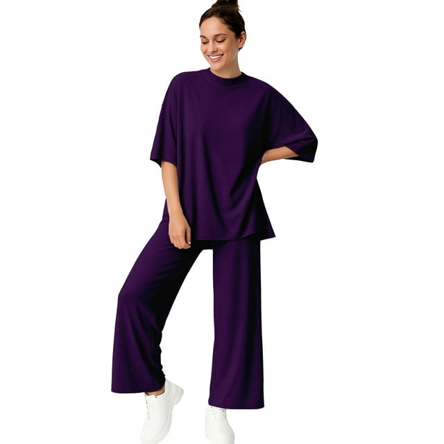 Moomaya Womens 2 Piece Lounge Set - Split Hem Tunic Top and Soft Pants with Pockets - Maternity Friendly Loungewear Set