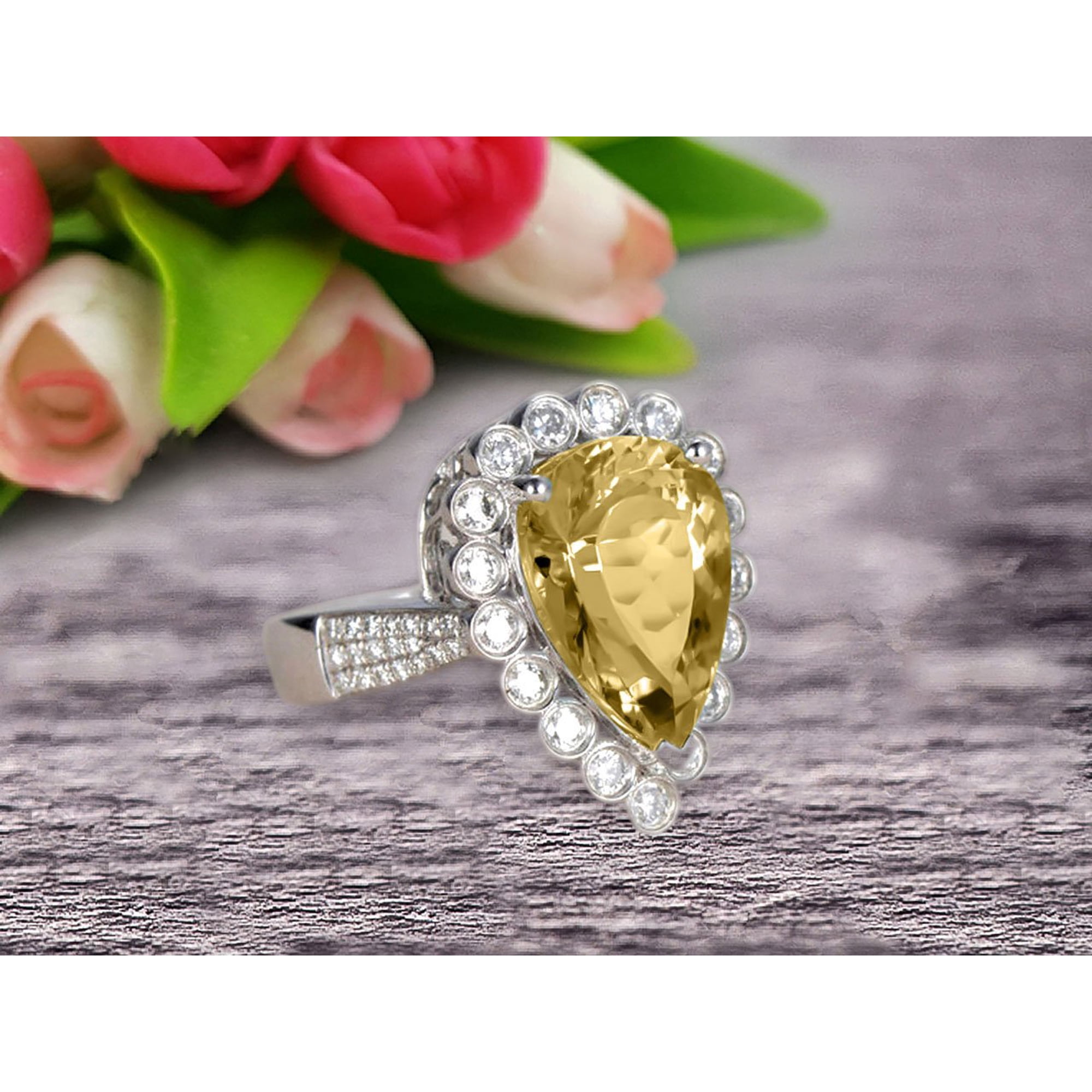 Champagne Diamond Moissanite Engagement Ring Wedding 8x5mm Pear Shaped 1.75 Carat Unique Halo Design 10k White Gold Anniversary Gift