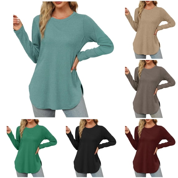 Womens Long Sleeve Round Neck Shirts Side Split Basic Loose Tunic Tops Casual Long T Shirts for Leggings for Women L