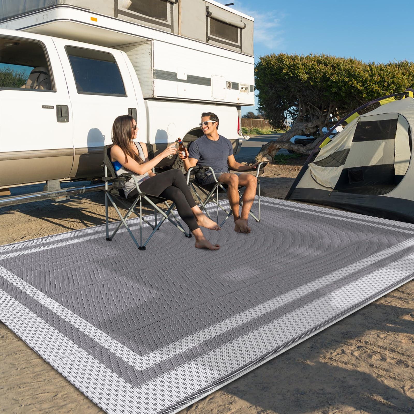 Flngr 8 x 10 ft Outdoor Rug Reversible Portable Plastic Straw Camping Rugs for Outside RV,Waterproof Outdoor Area Rugs for Patio,Deck,Porch,Balcony, White&Gray
