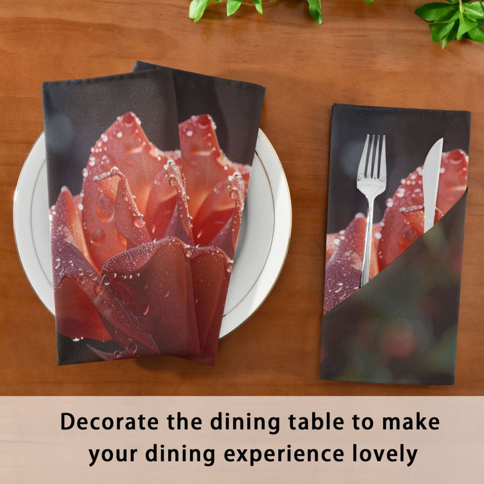 JSTEL Red Rose Flower Drop Cloth Napkins Set of 6, 20x20 Inch Washable and Reusable Napkin for Decoupage Dinner Party Everyday Use