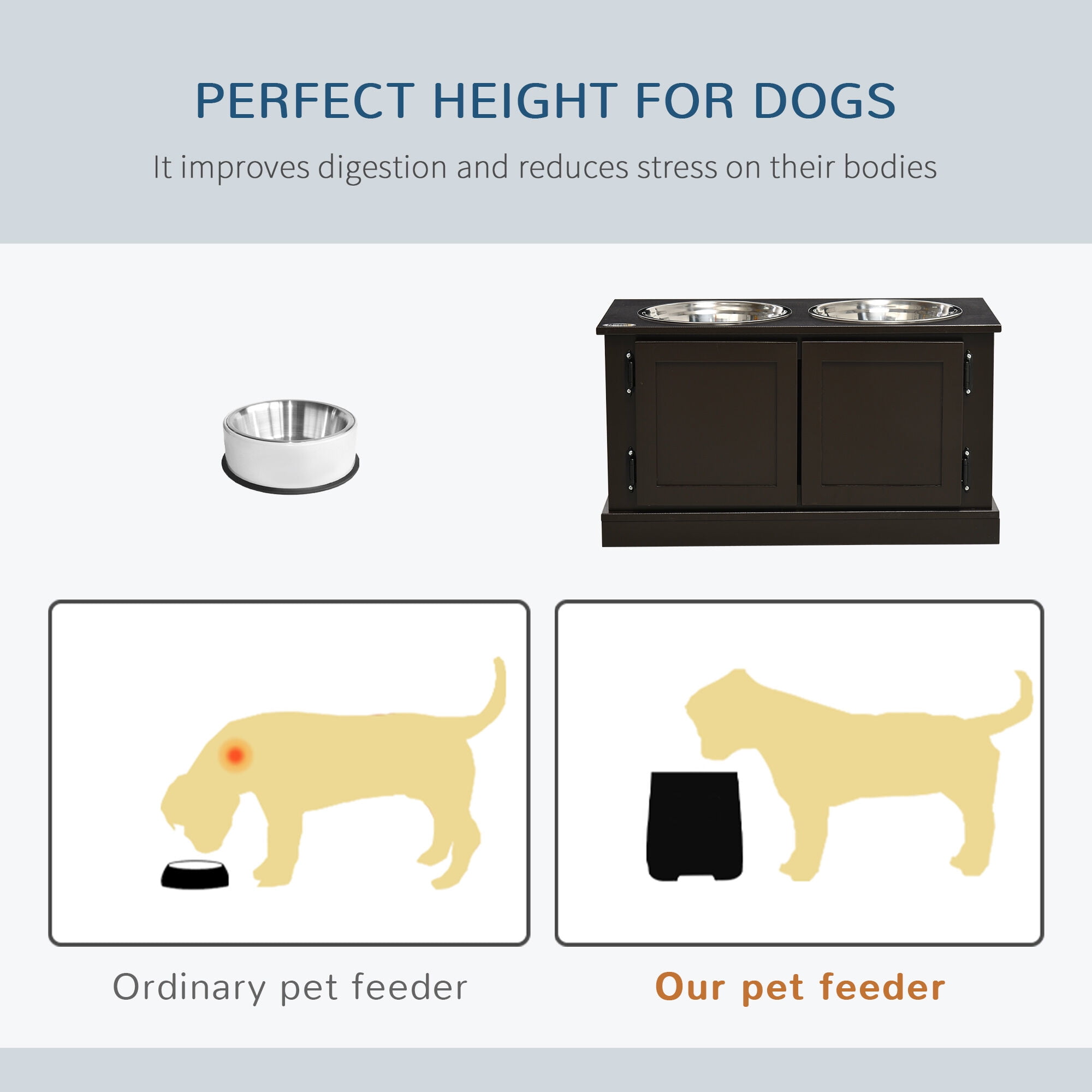 Orthopedic Dog Bed, PawHut Elevated Dog Bowls for Large Dogs, Raised Dog Bowls with Storage, Two Stainless Steel Bowls, Pet Feeder Station for Indoor Use, Coffee, Brown Dog Bed,Mdf Cat Bed