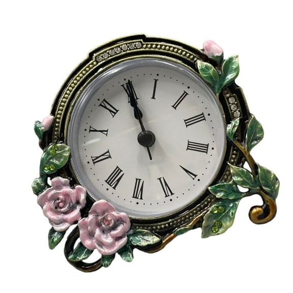 JZROCKER Antique Vintage Florals Small Desktop Clock Quiet Handpainted Metal Case Battery Operated Table Clock for Home or Office