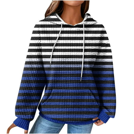 mihongmao Corset Tops for Women Women S 2024 Winter Hooded Sweatshirt Loose Casual Striped Print Round Neck Hooded Long Sleeve Sweatshirt Womens Tops Clearance under $5 Blue M