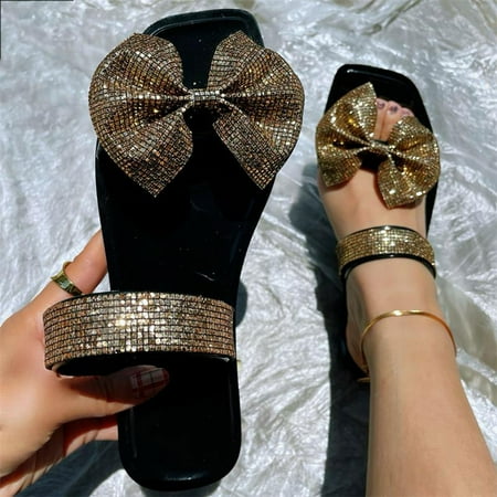

Light And Comfortable Casual Women s Sandals Square Head Bright Bow Flat Slippers