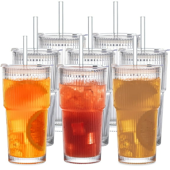 KEMORELA 8-Piece Glassware Set – 20 oz Ribbed Glass Tumblers with Lids and Glass Straws, Thickened Glass, Ideal for Iced Coffee, Smoothies, Cocktails, and Juices – Elegant and Durable Drinkware