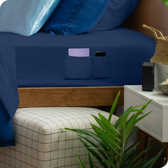 Bare Home Ultra-Soft Fitted Sheet - Dual Side Pockets - Premium 1800 Collection - Deep Pocket - Queen, Dark Blue