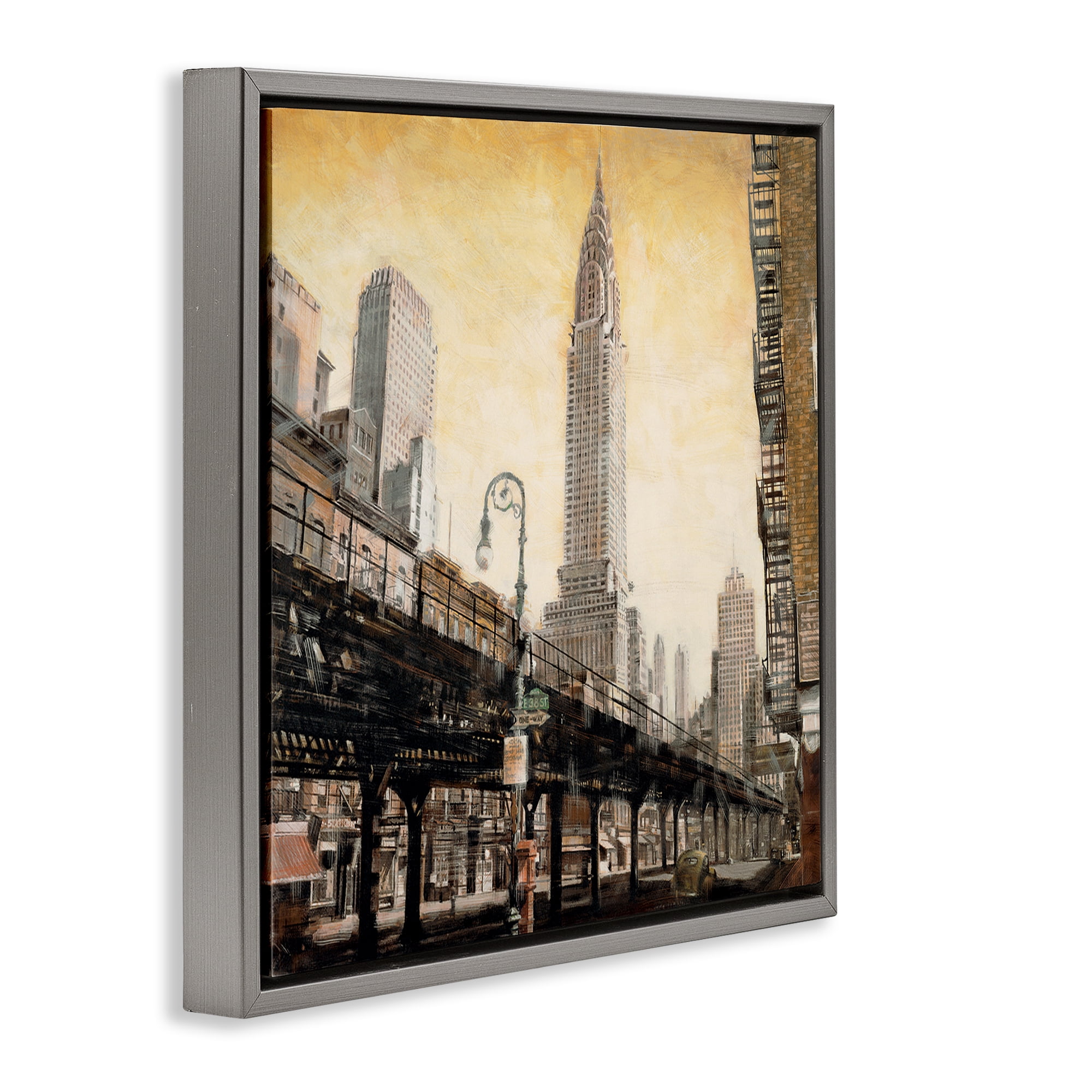 Stupell Industries Looming City Towers Scenic & Cityscapes Painting Gray Floater Framed Canvas Art Print Wall Art, 18 x 18